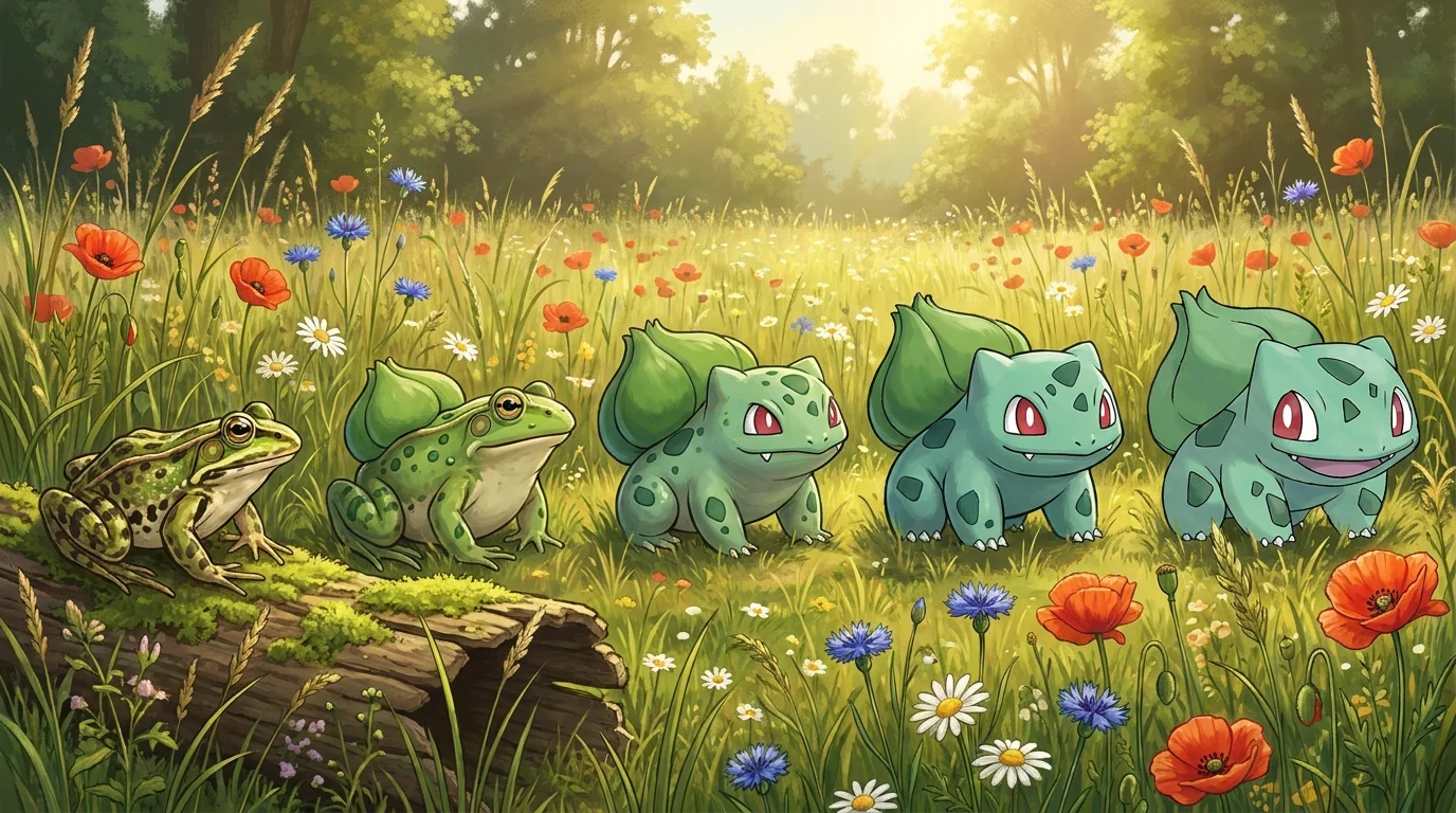 A european green frog turning into Bulbasaur