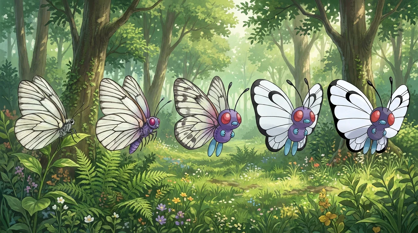A black veined white butterfly turning into Butterfree