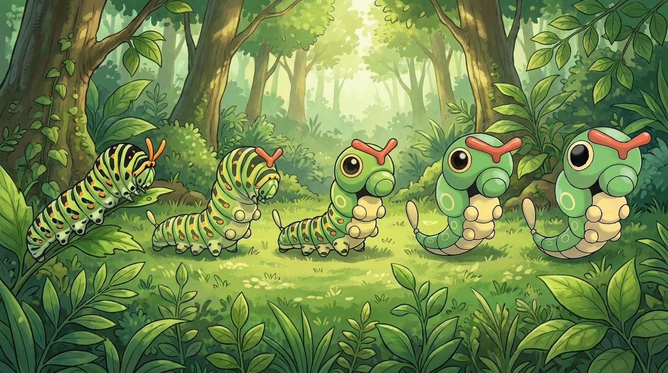 A asian swallowtail caterpillar turning into Caterpie