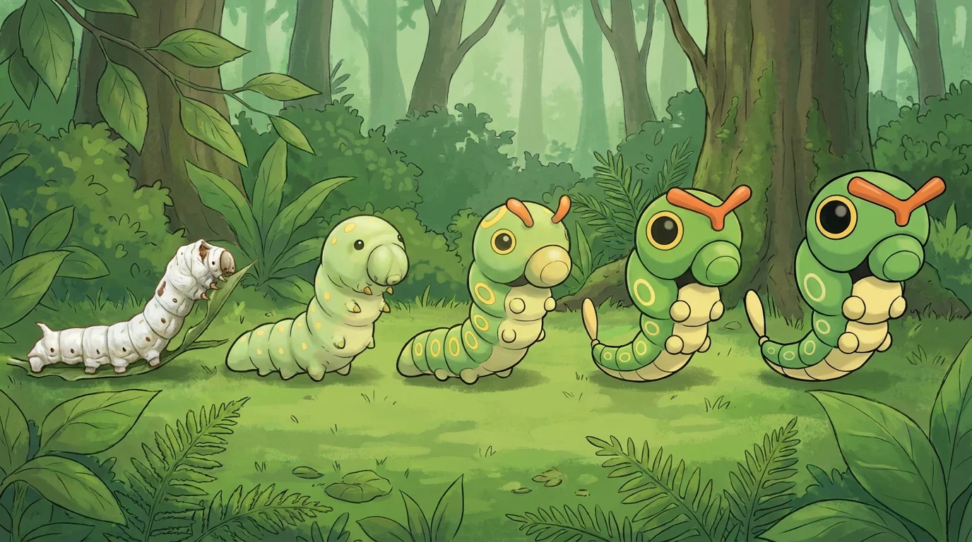 A silkworm caterpillar turning into Caterpie