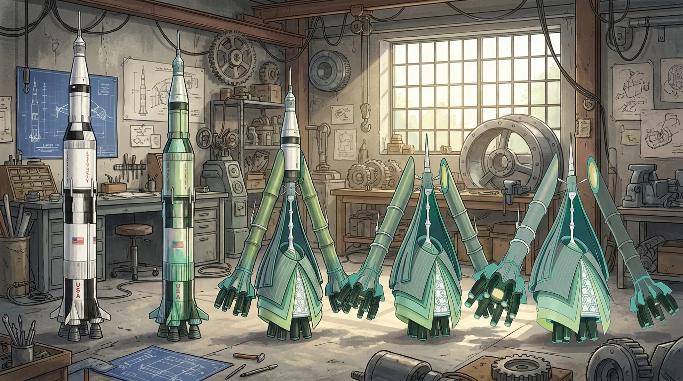 A saturn v rocket turning into Celesteela