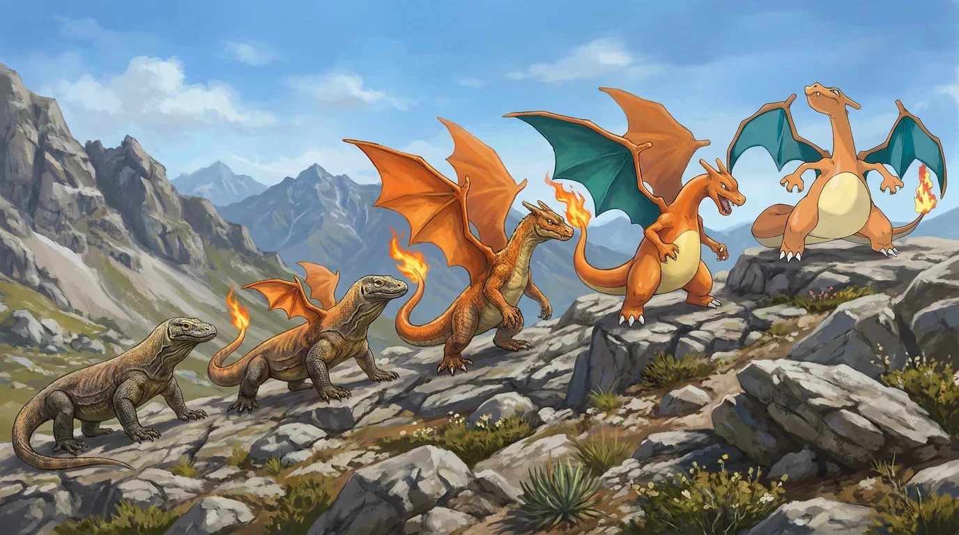 A komodo dragon turning into Charizard