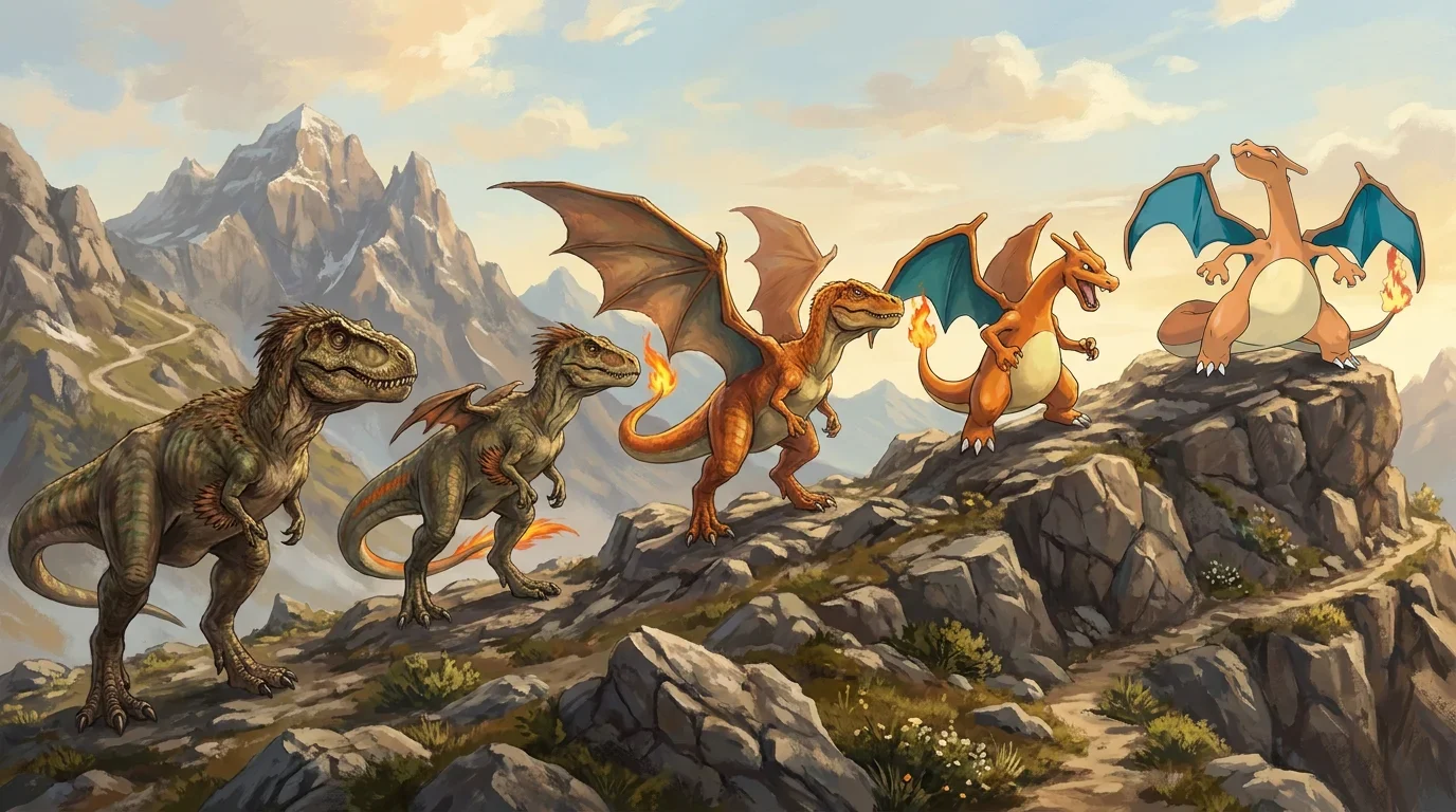 A tyrannosaurus rex turning into Charizard
