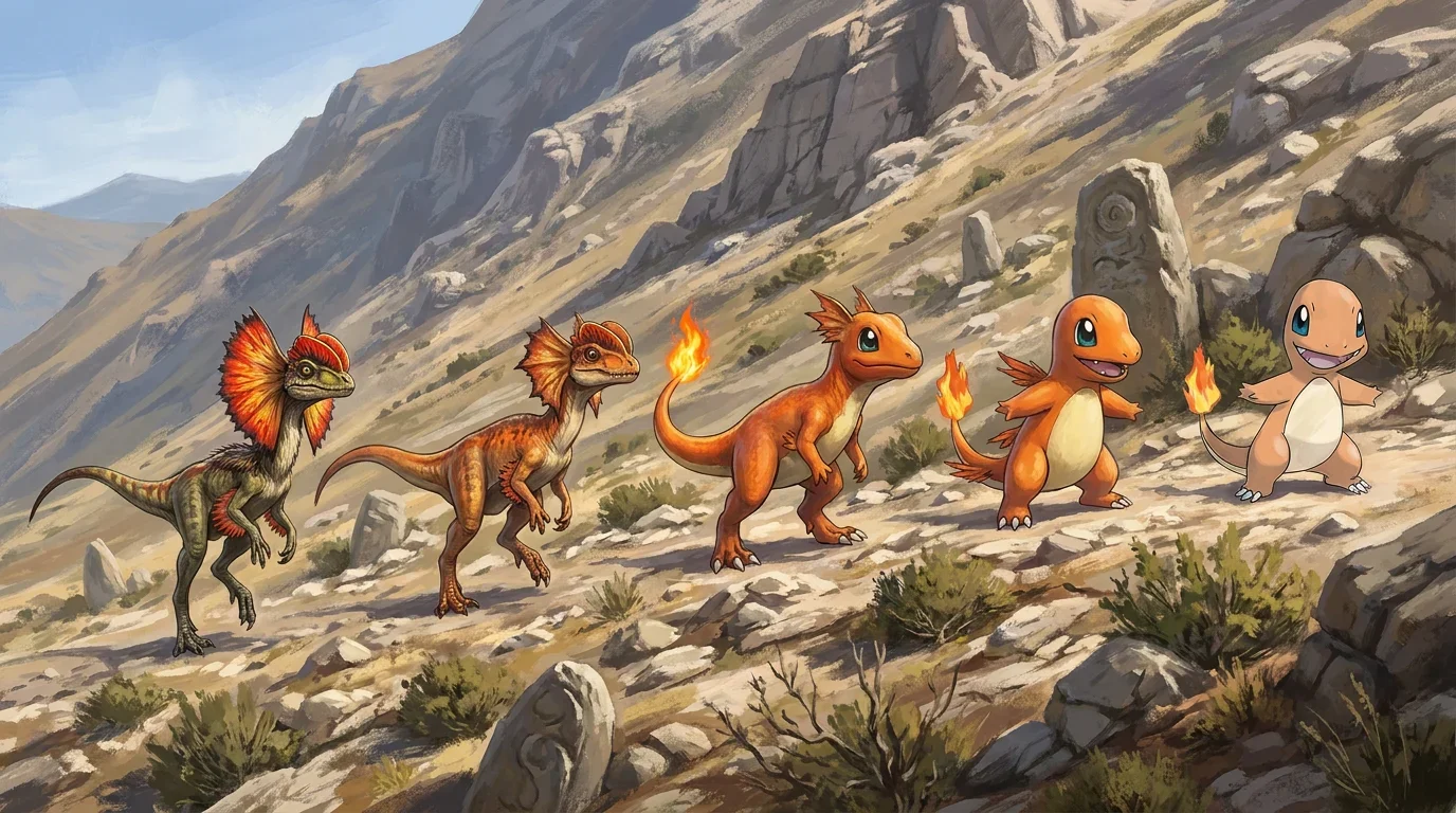 A young dilophosaurus turning into Charmander