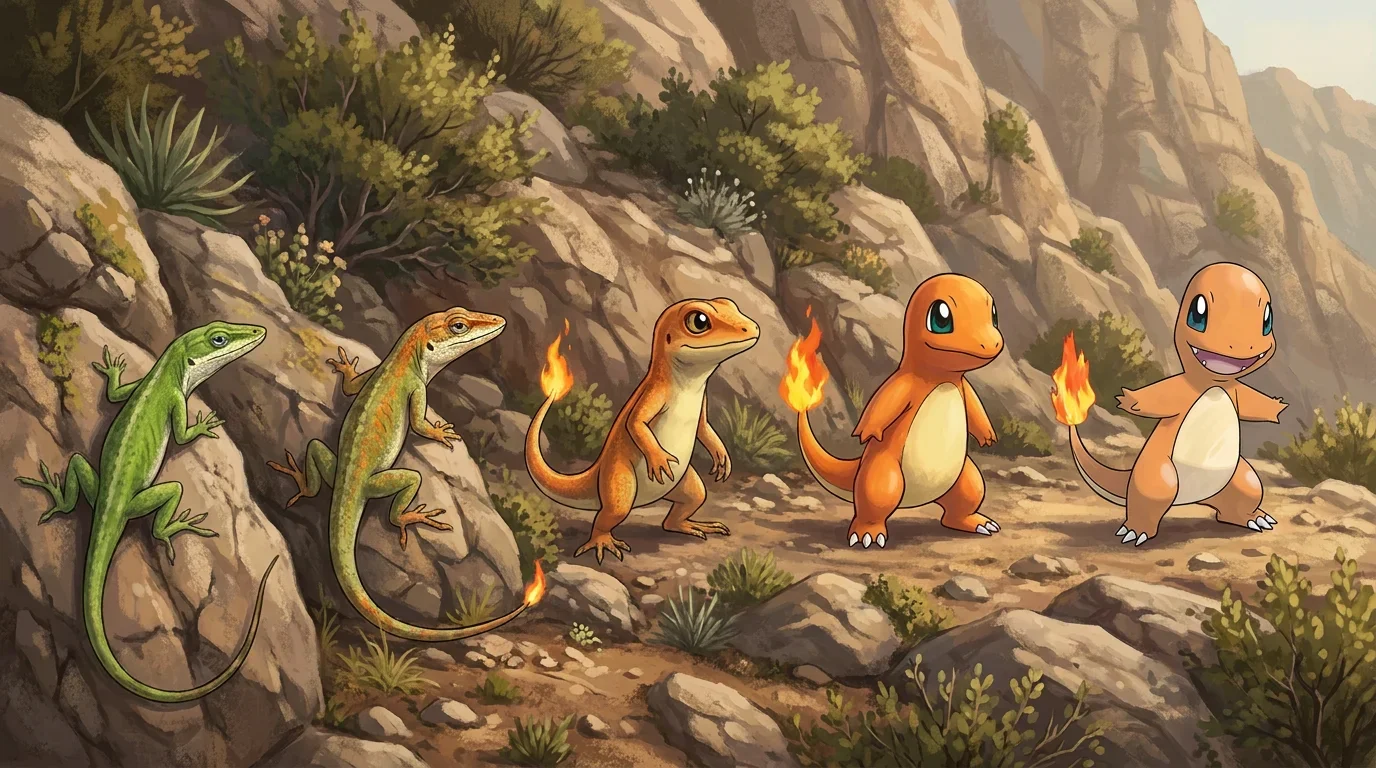 A young green anole turning into Charmander