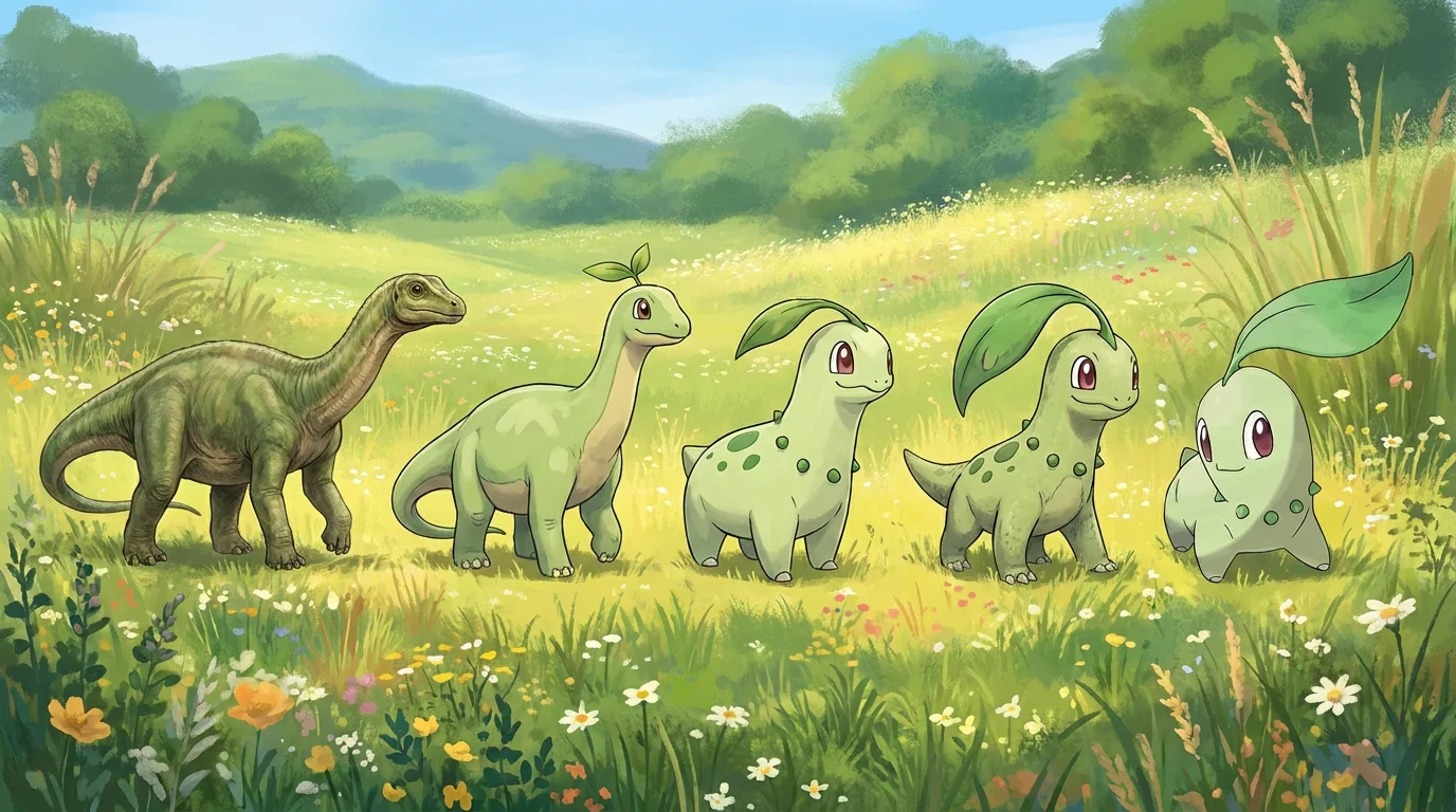 A young apatosaurus turning into Chikorita