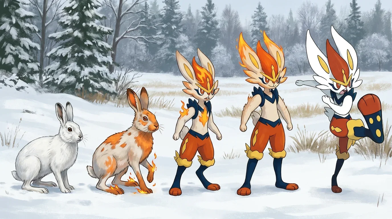 A snowshoe hare turning into Cinderace
