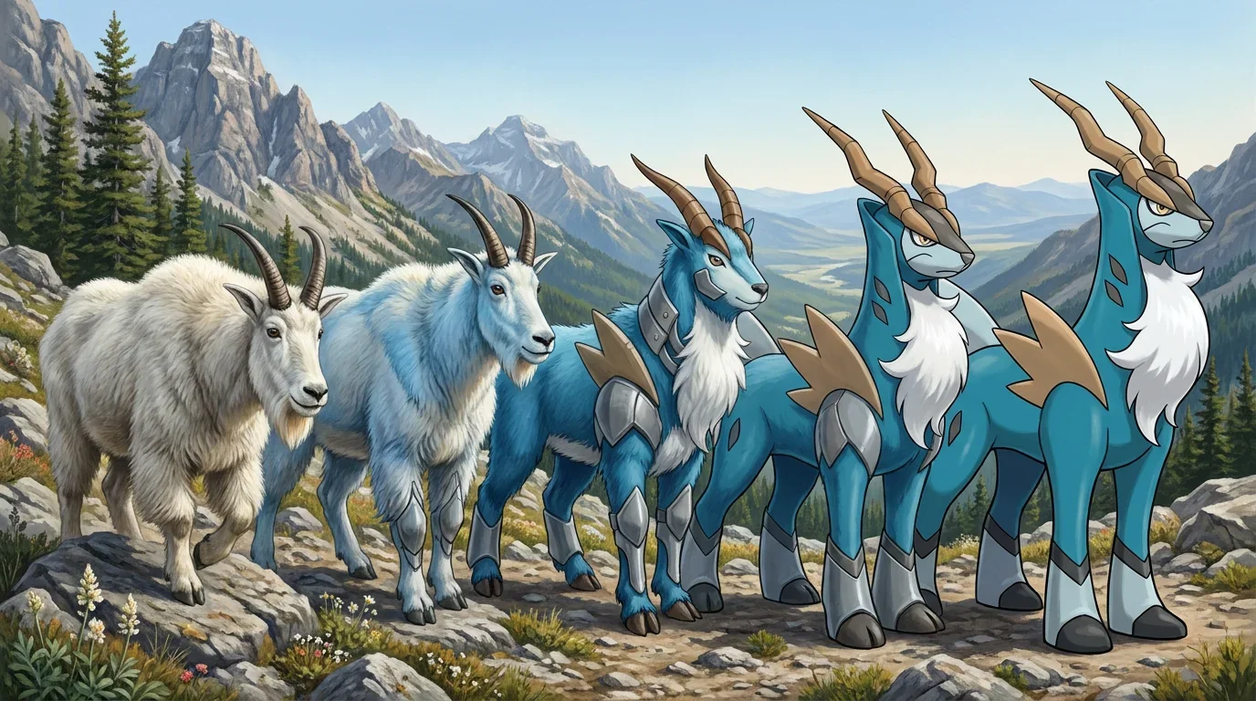 A adult mountain goat turning into Cobalion