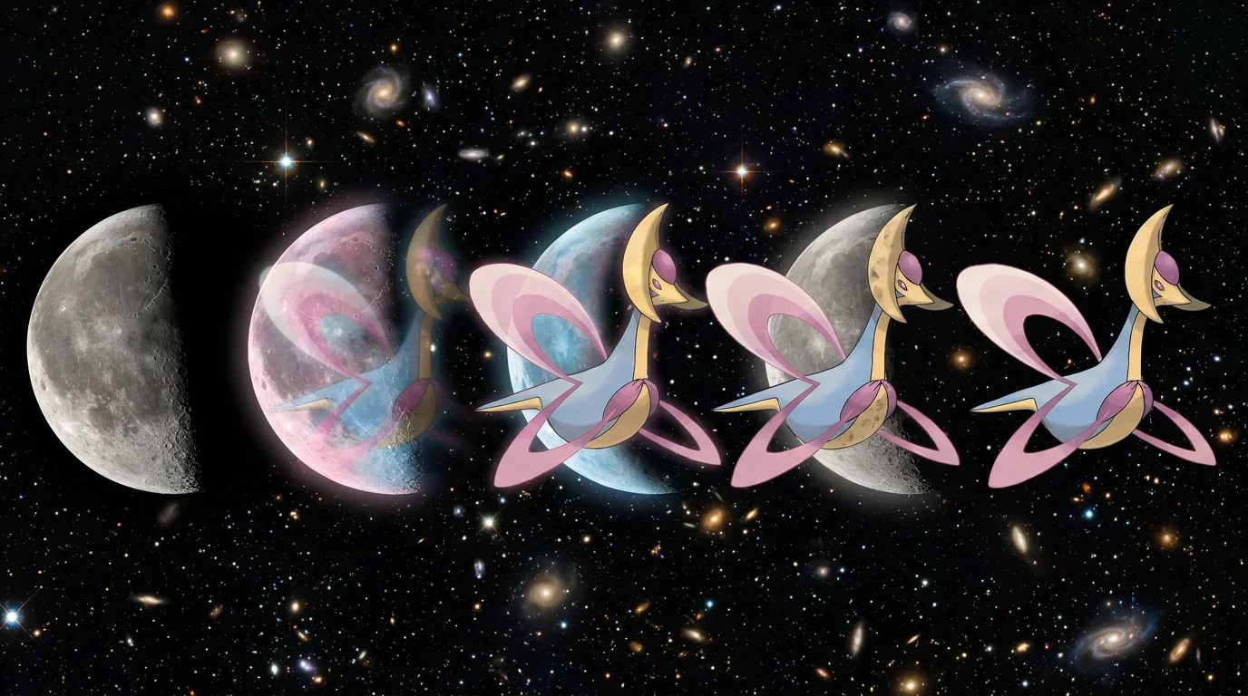 A crescent moon turning into Cresselia