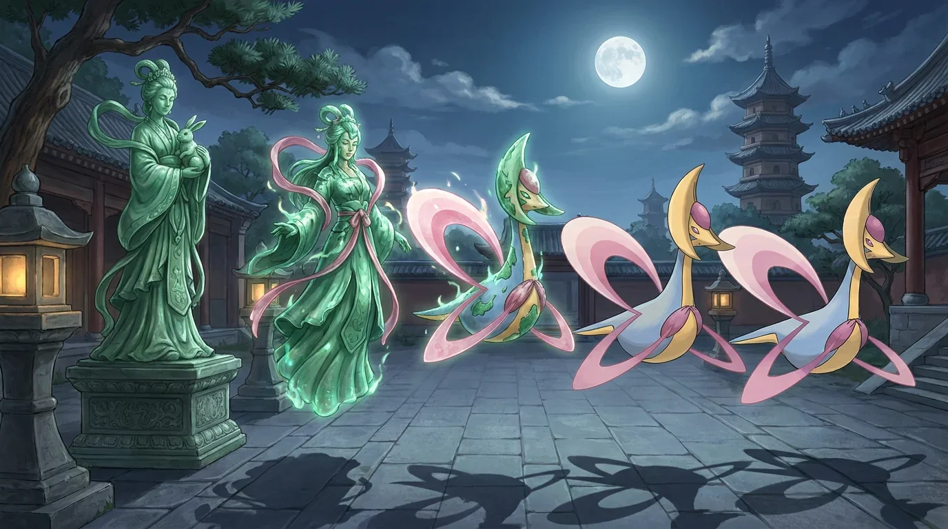 A jade statue of chang e the chinese moon goddess turning into Cresselia