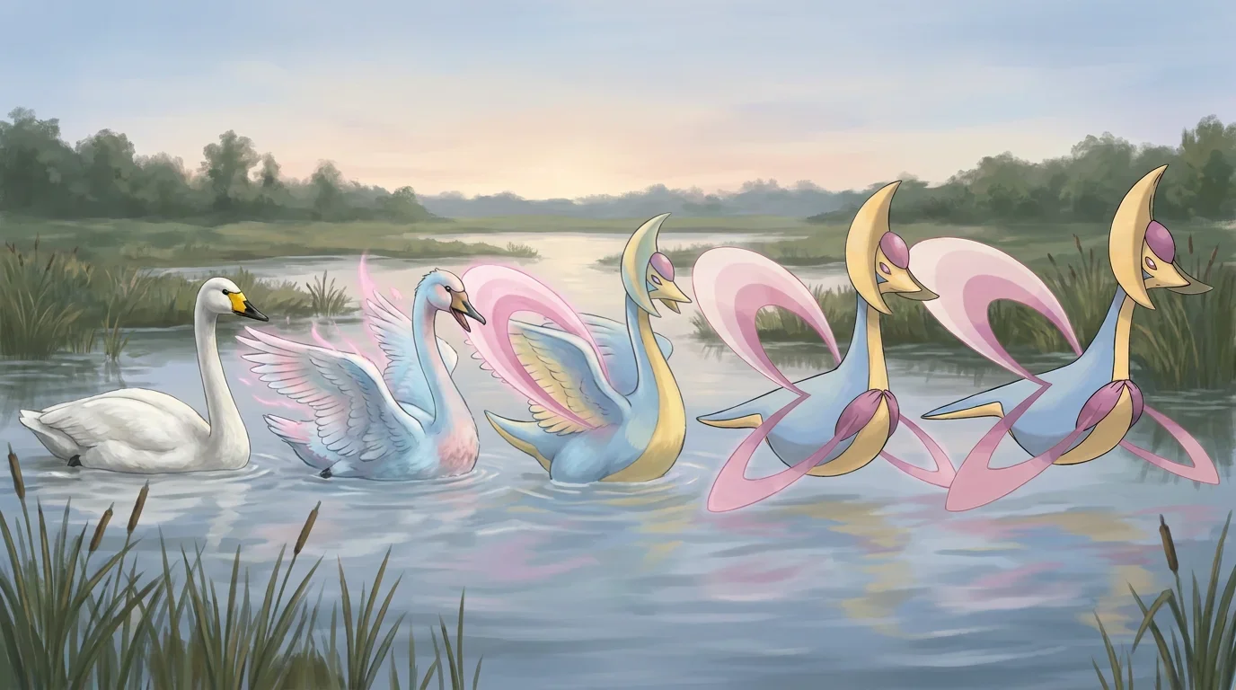 A whooper swan turning into Cresselia
