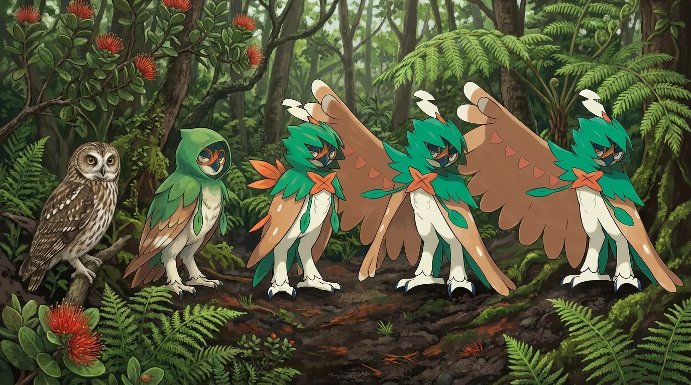 A pueo owl turning into Decidueye