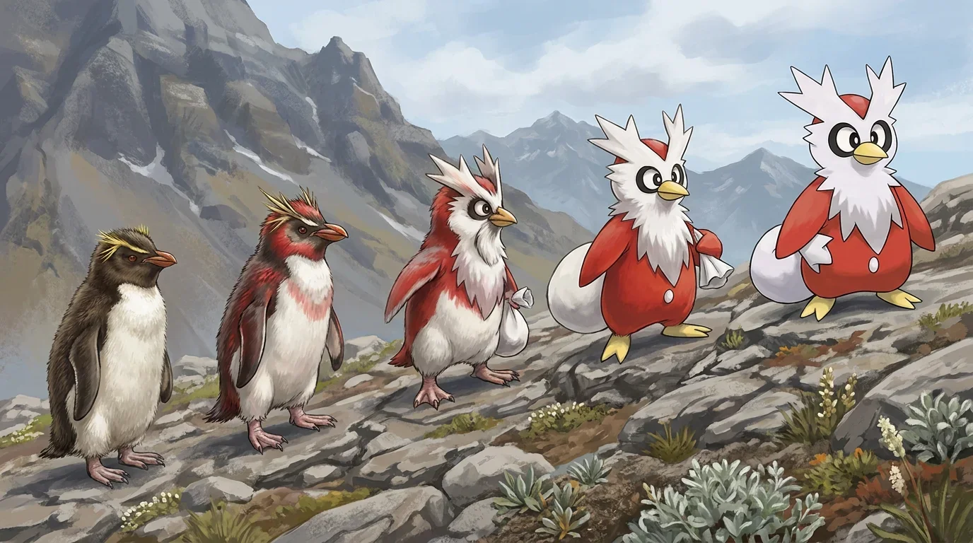 A rockhopper penguin chick turning into Delibird