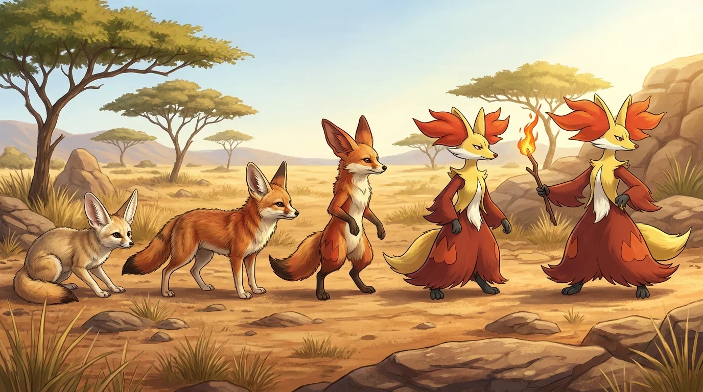 A fennec fox turning into Delphox