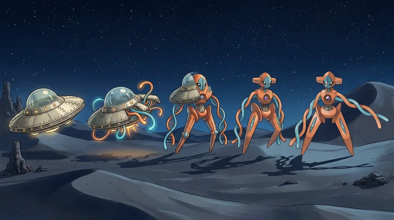 A classic 1950s flying saucer turning into Deoxys