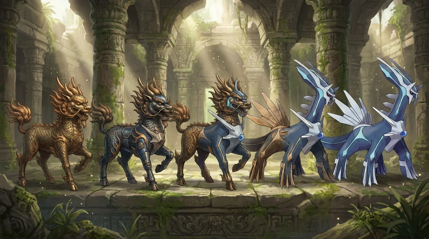 A bronze statue of a qilin turning into Dialga