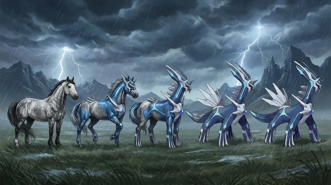 A dapple grey horse turning into Dialga