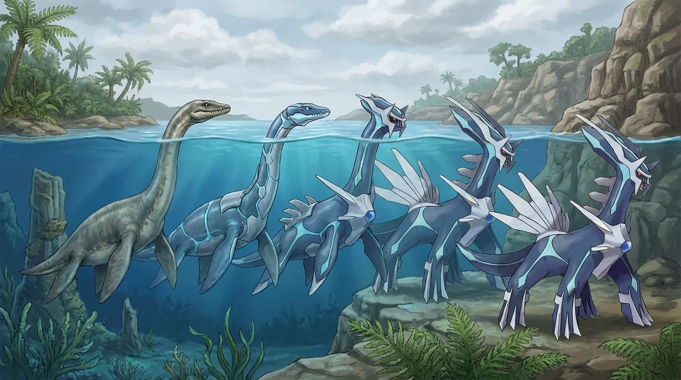 A giant plesiosaur turning into Dialga