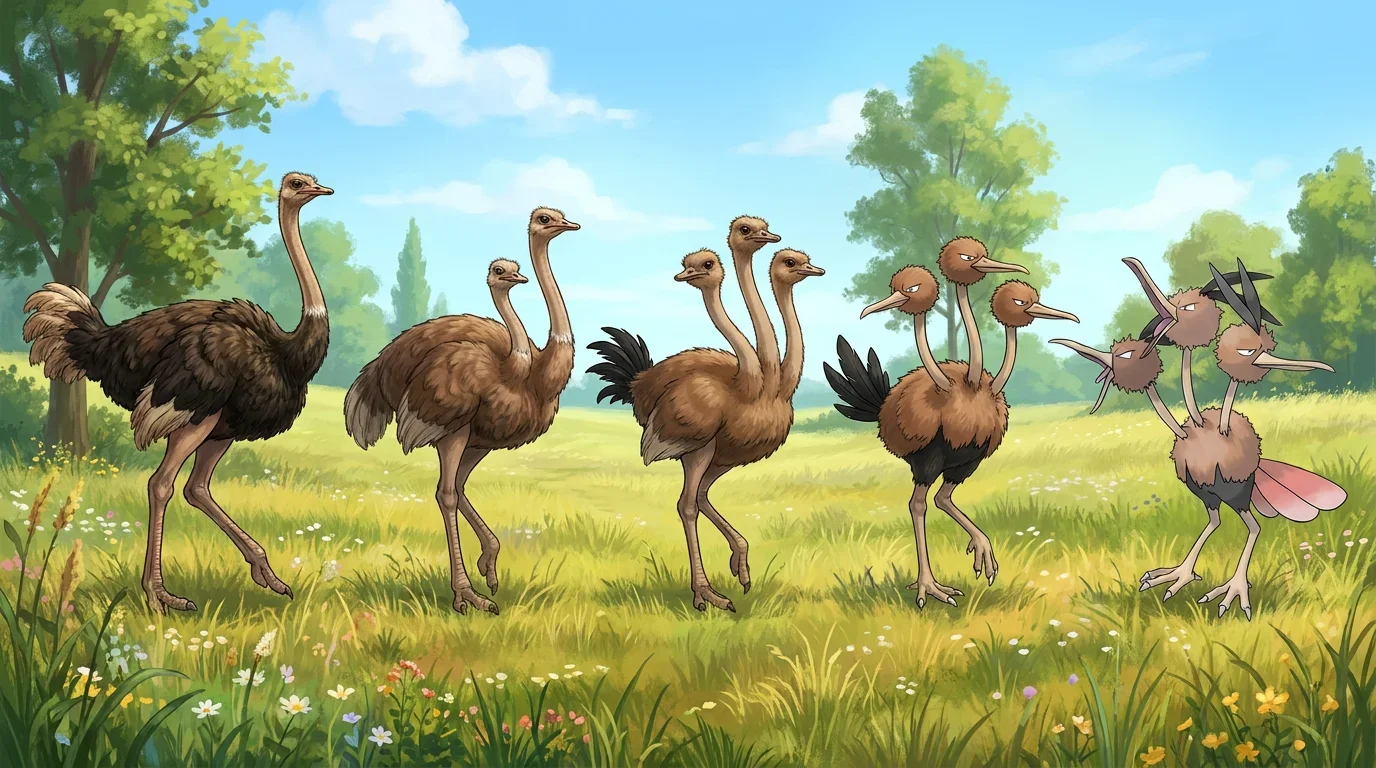 A adult ostrich turning into Dodrio