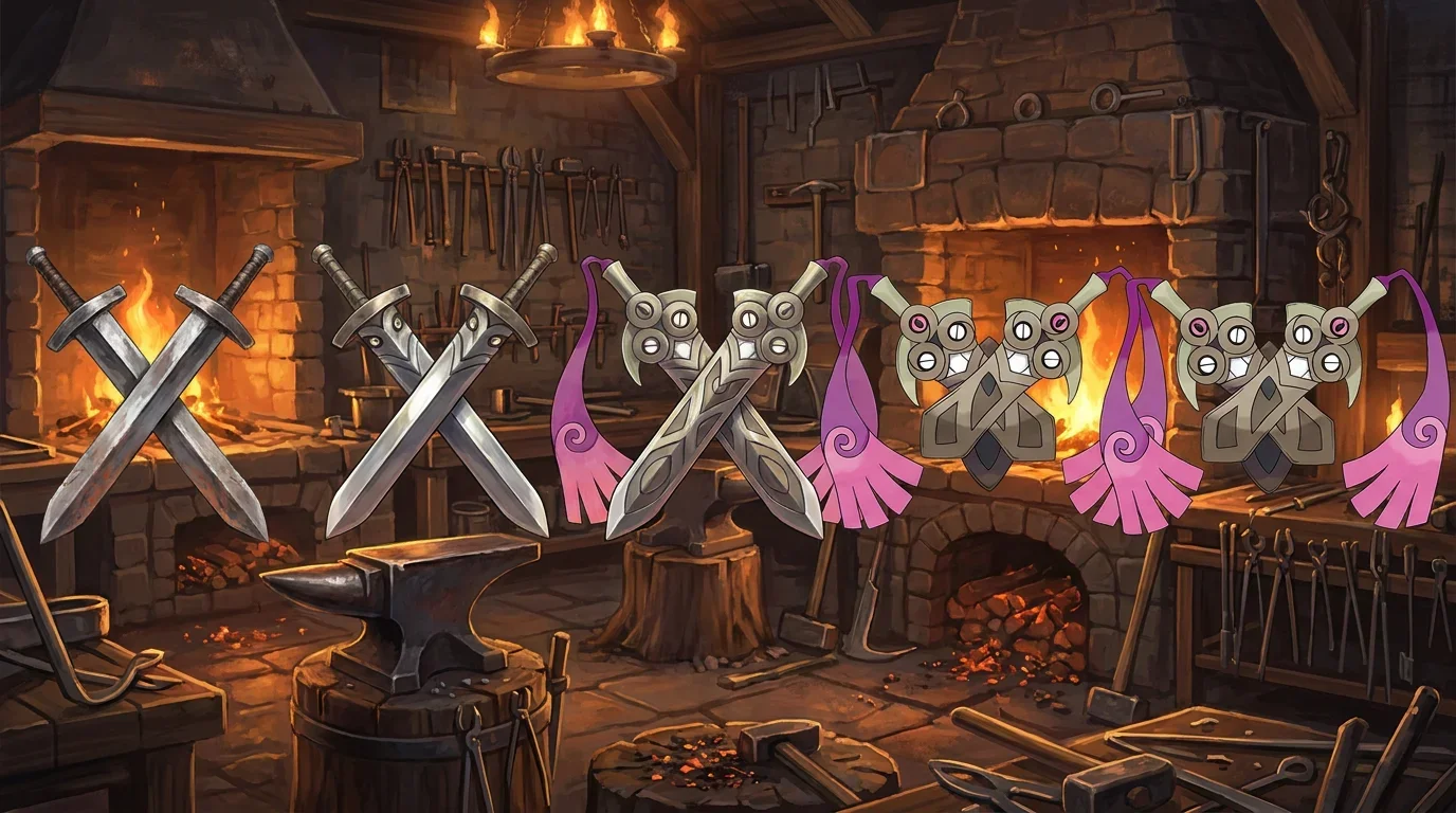 A pair of crossed steel swords turning into Doublade