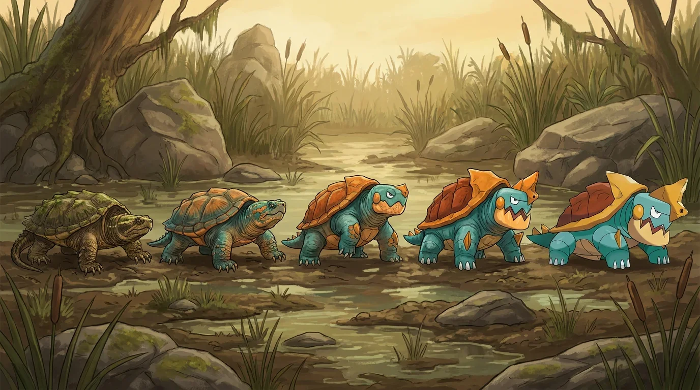 A common snapping turtle turning into Drednaw