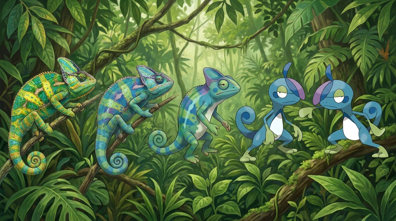 A veiled chameleon turning into Drizzile