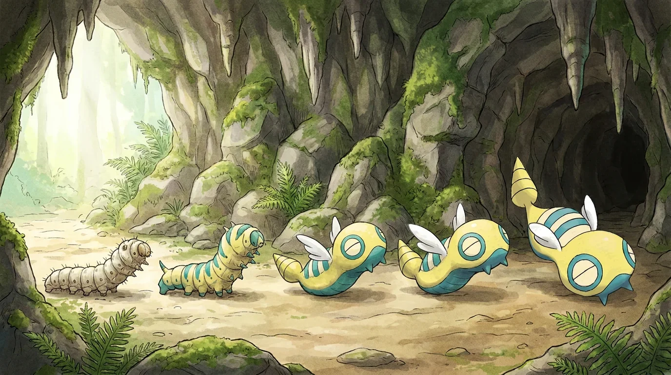 A silkworm caterpillar turning into Dunsparce