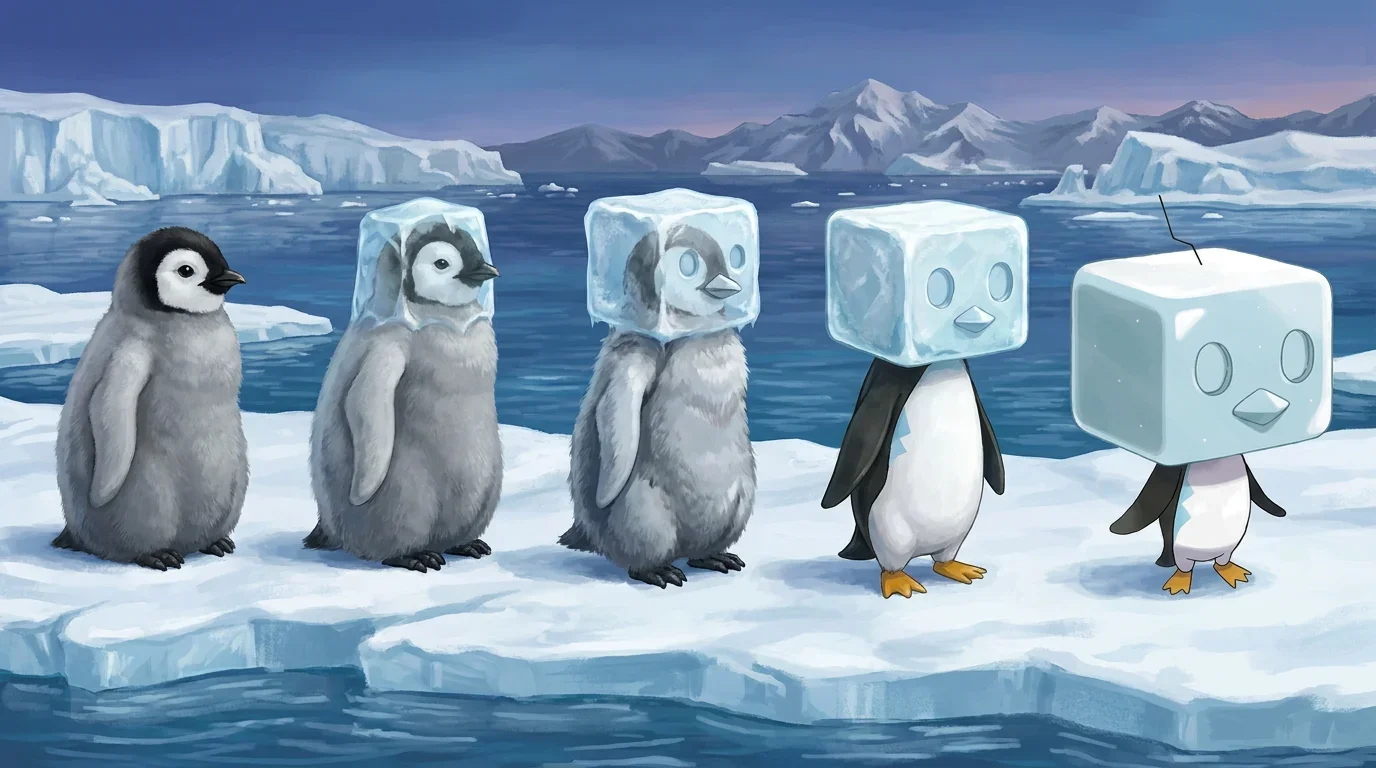 A emperor penguin chick turning into Eiscue