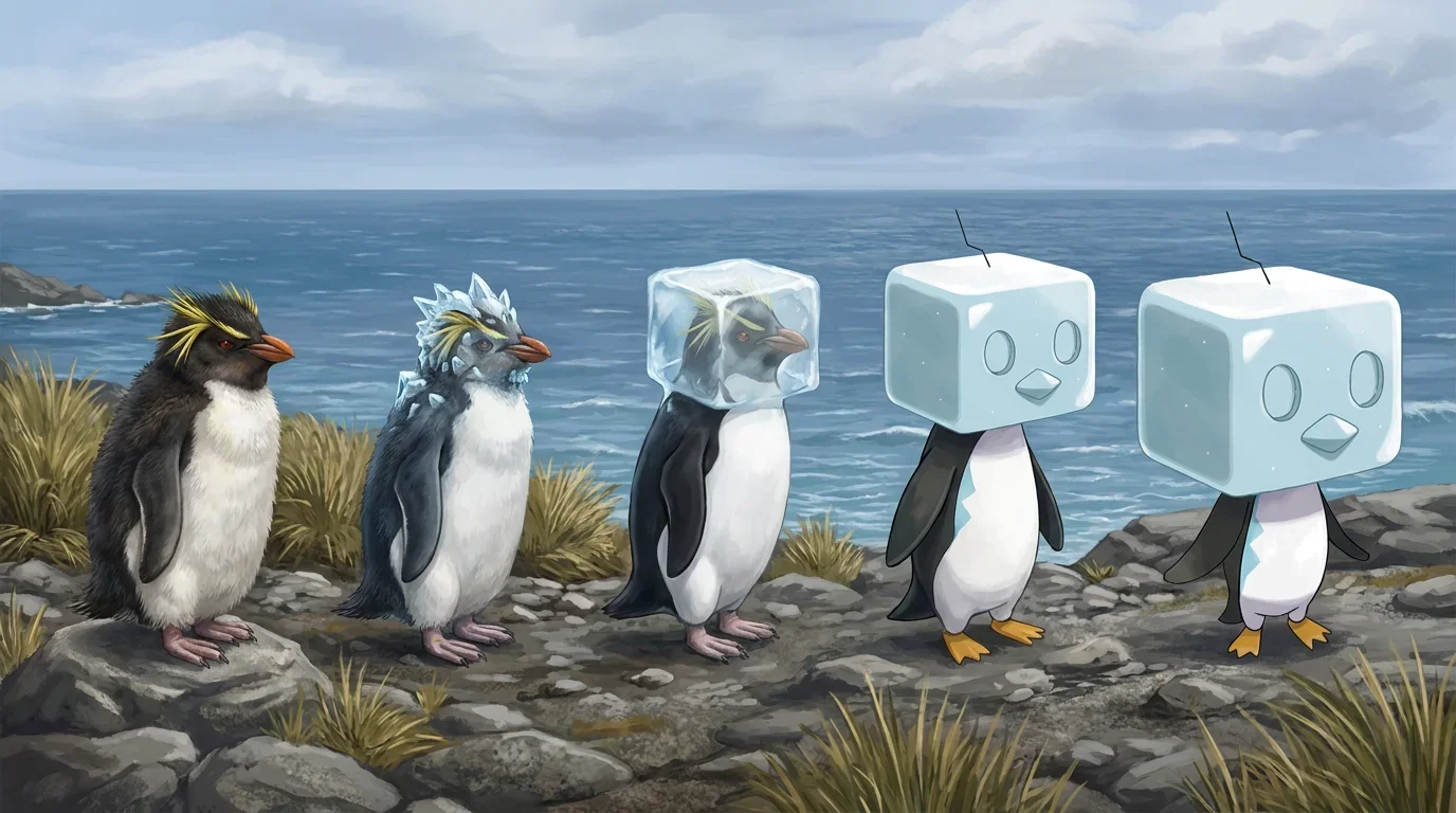 A rockhopper penguin chick turning into Eiscue