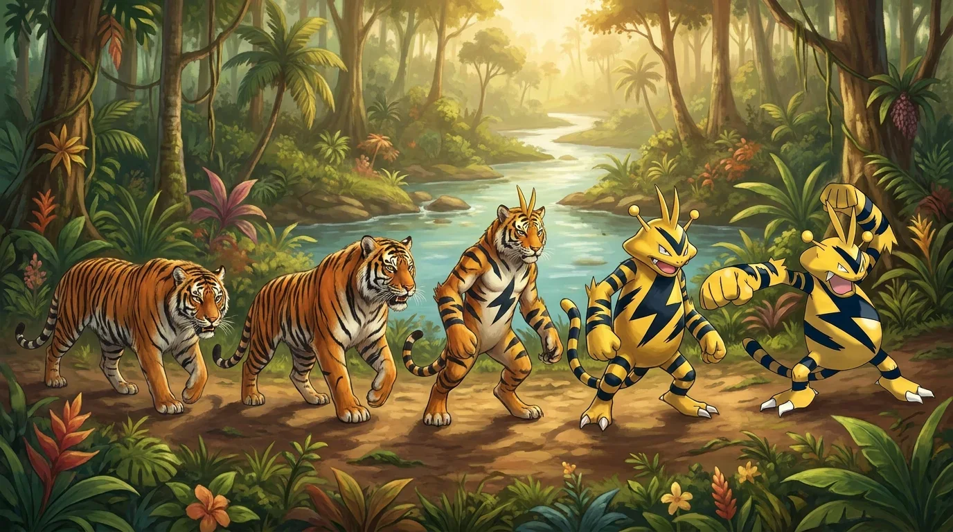 A sumatran tiger turning into Electabuzz