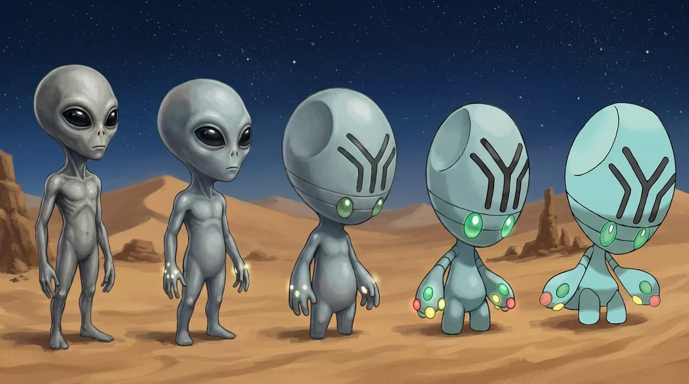 A little grey alien figure turning into Elgyem
