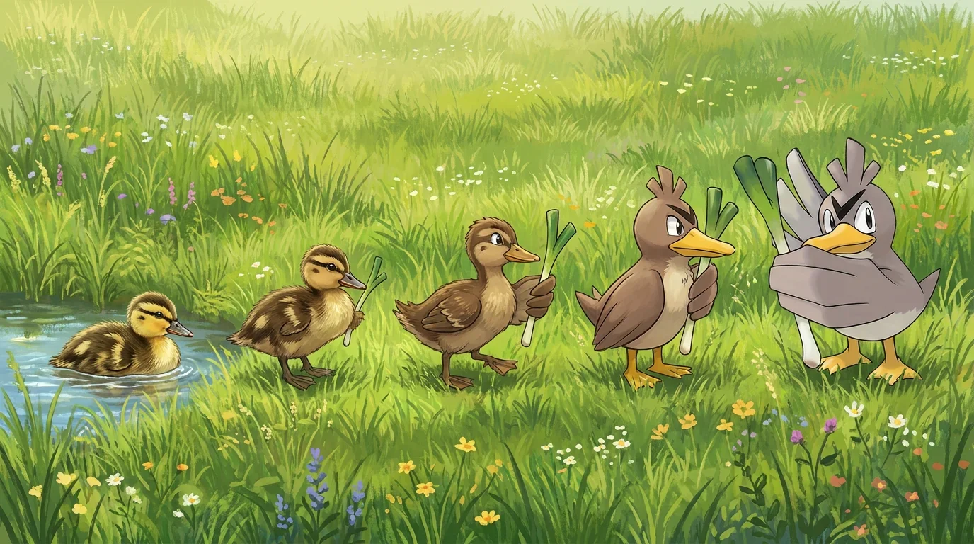 A mallard duckling turning into Farfetch'd