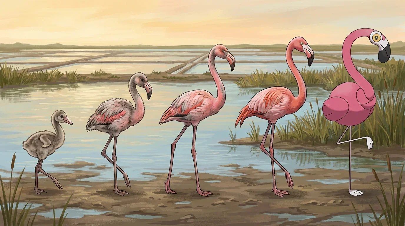A greater flamingo chick turning into Flamigo