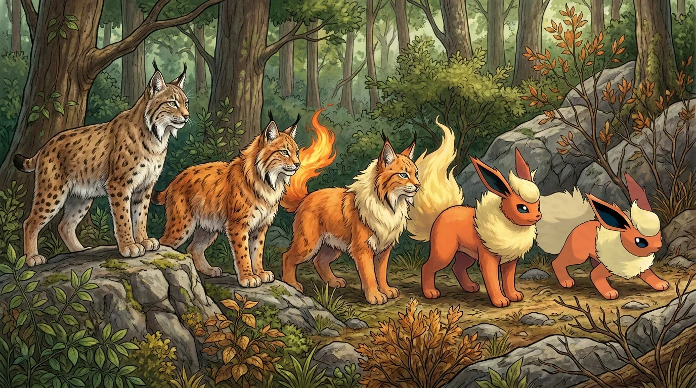 A adult lynx turning into Flareon