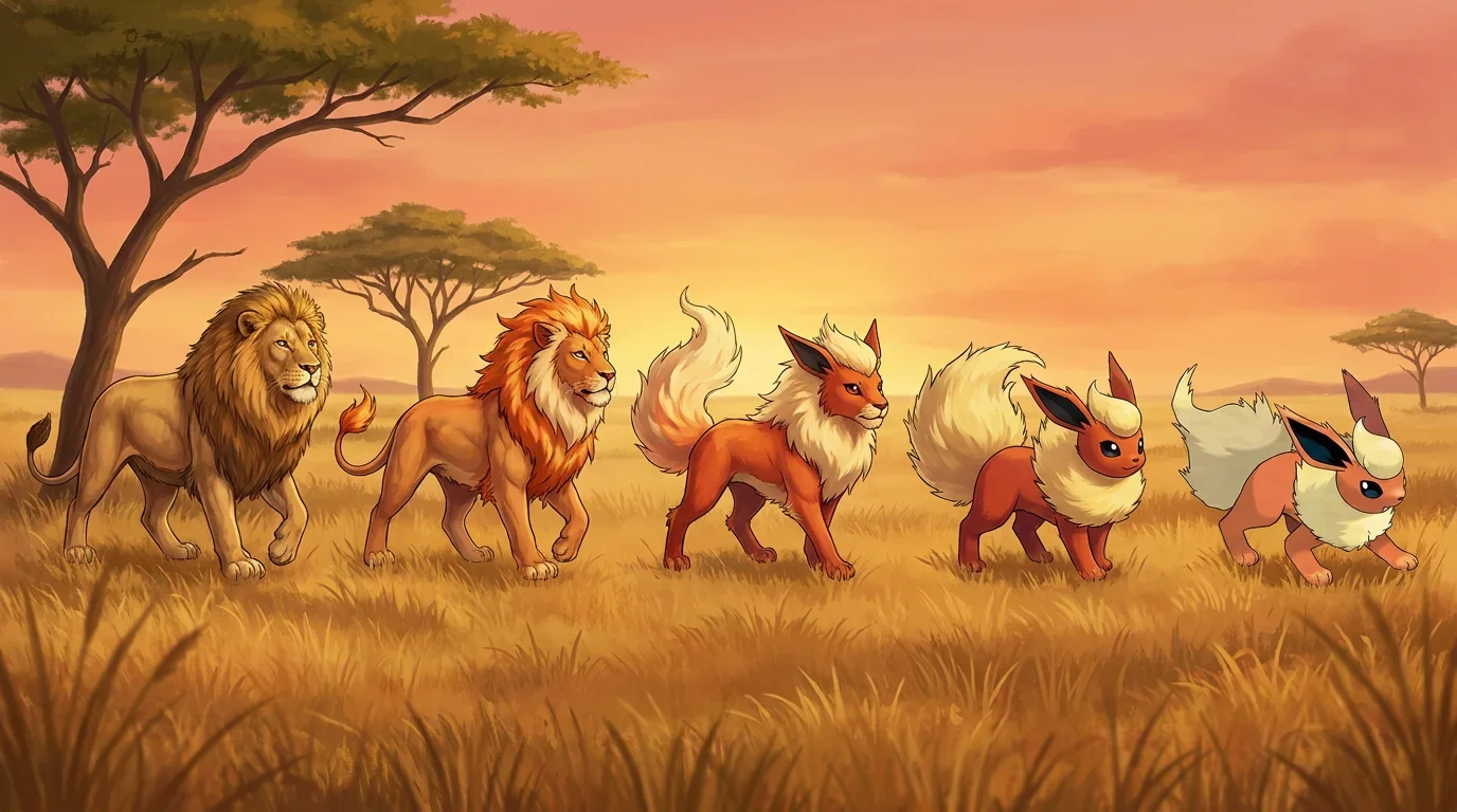 A adult male african lion turning into Flareon