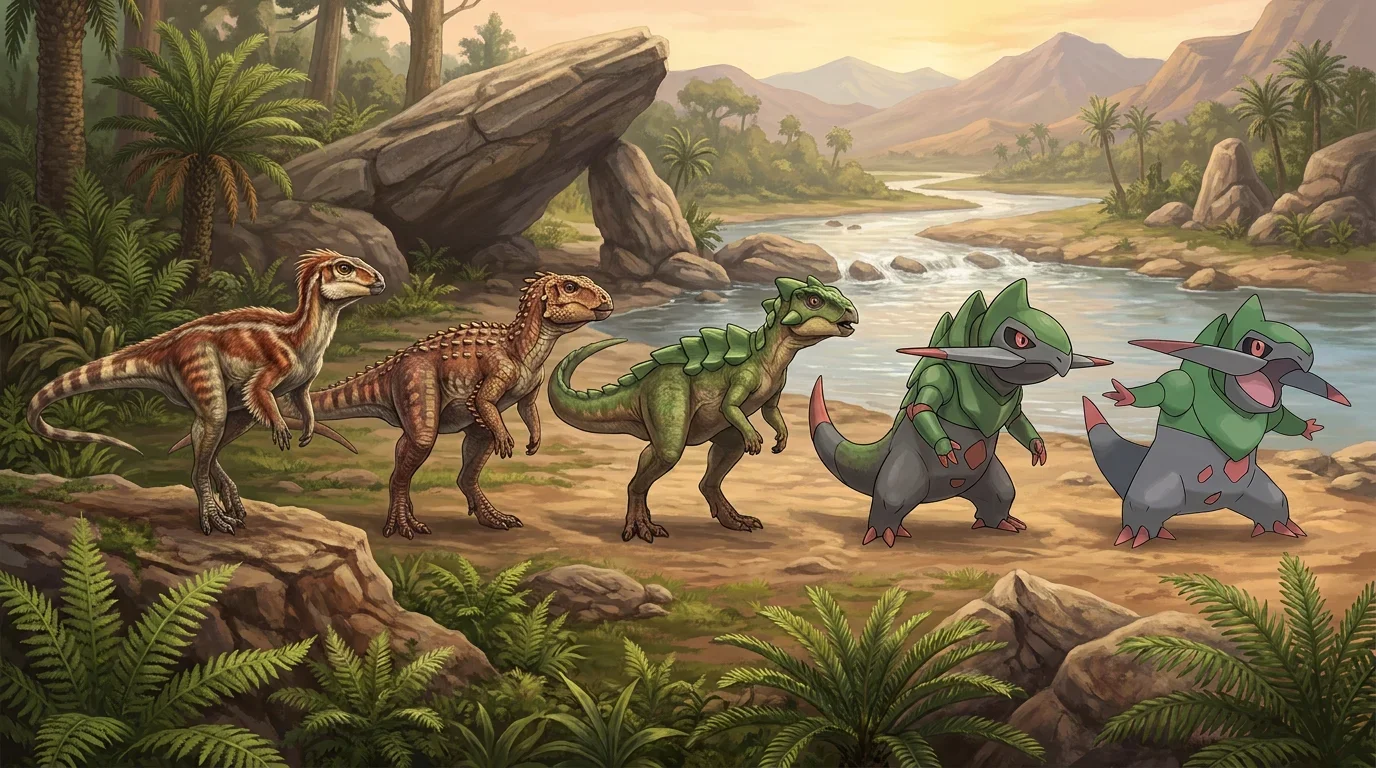 A adult heterodontosaurus turning into Fraxure
