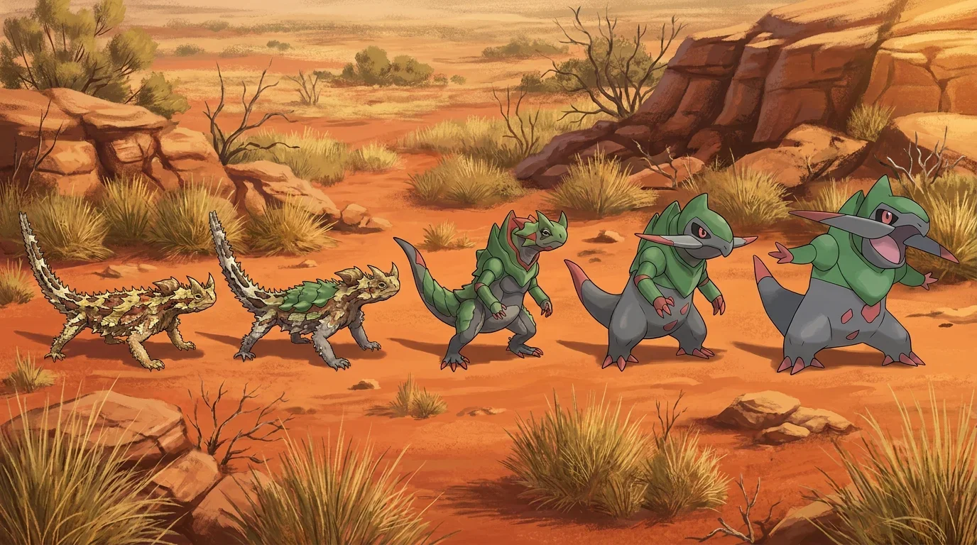 A adult thorny devil turning into Fraxure