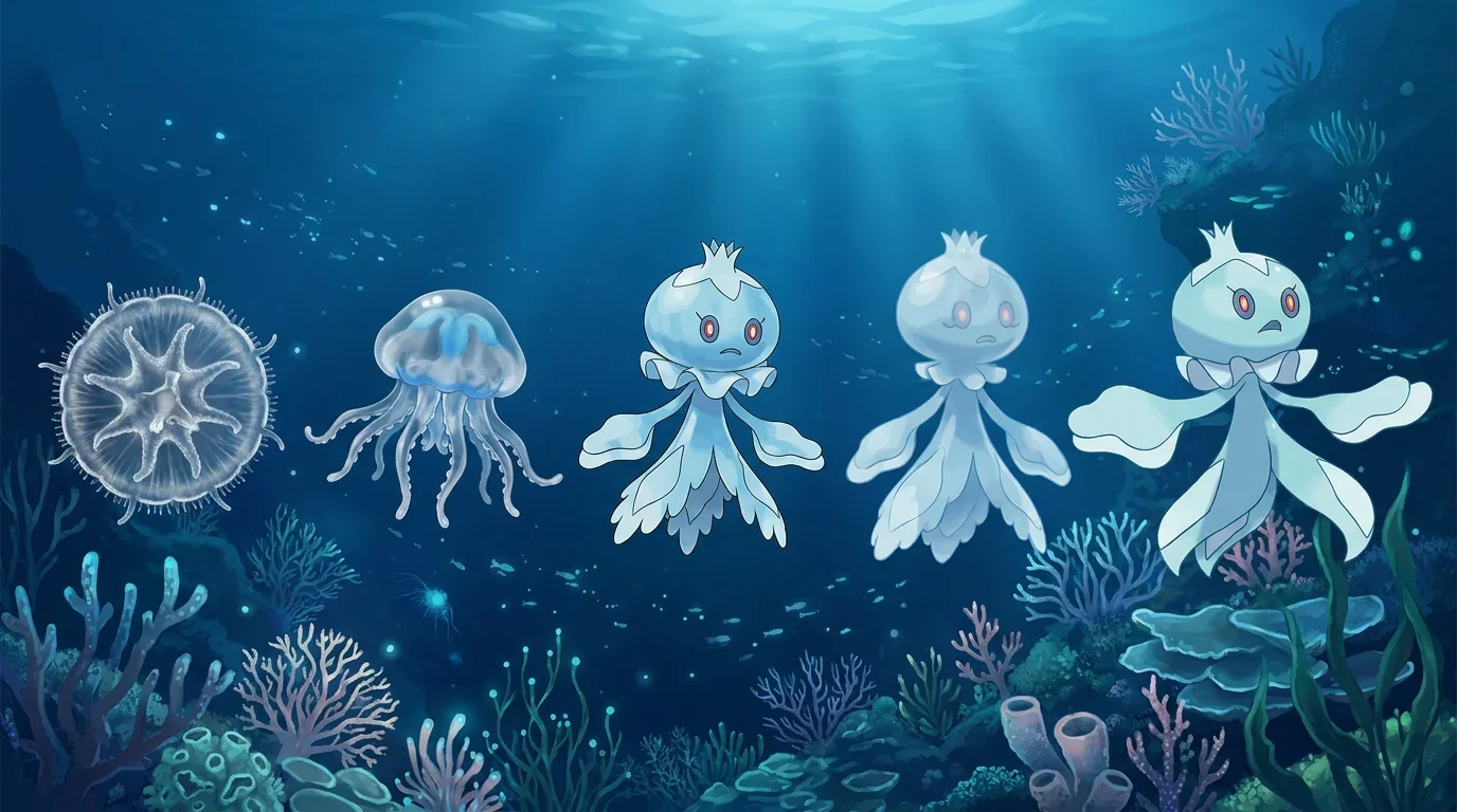 A moon jellyfish ephyra turning into Frillish