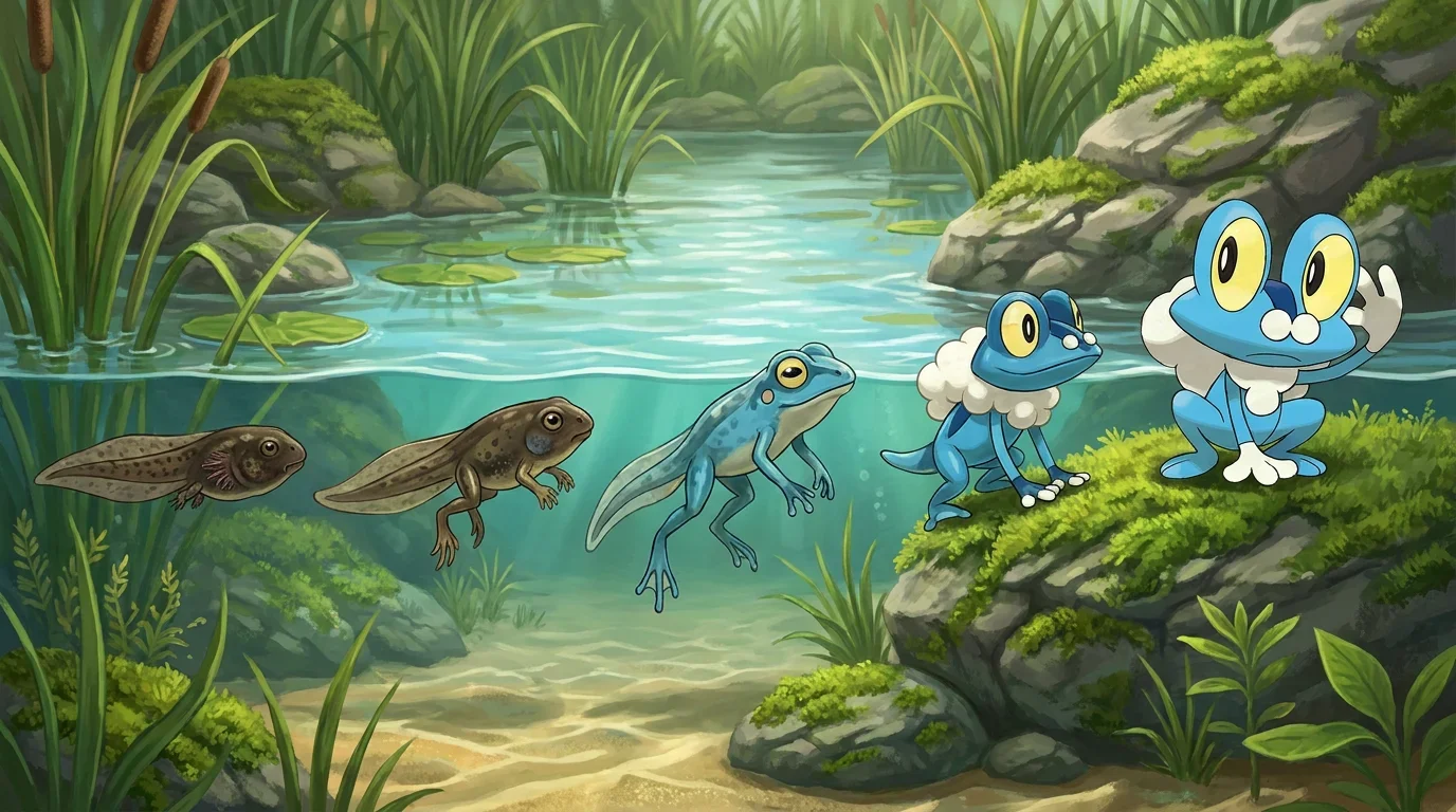 A common frog tadpole turning into Froakie