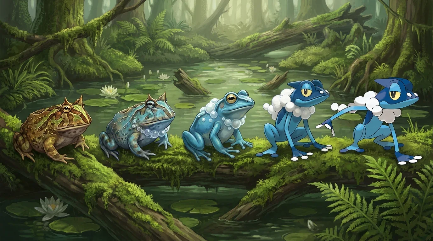 A horned frog turning into Frogadier
