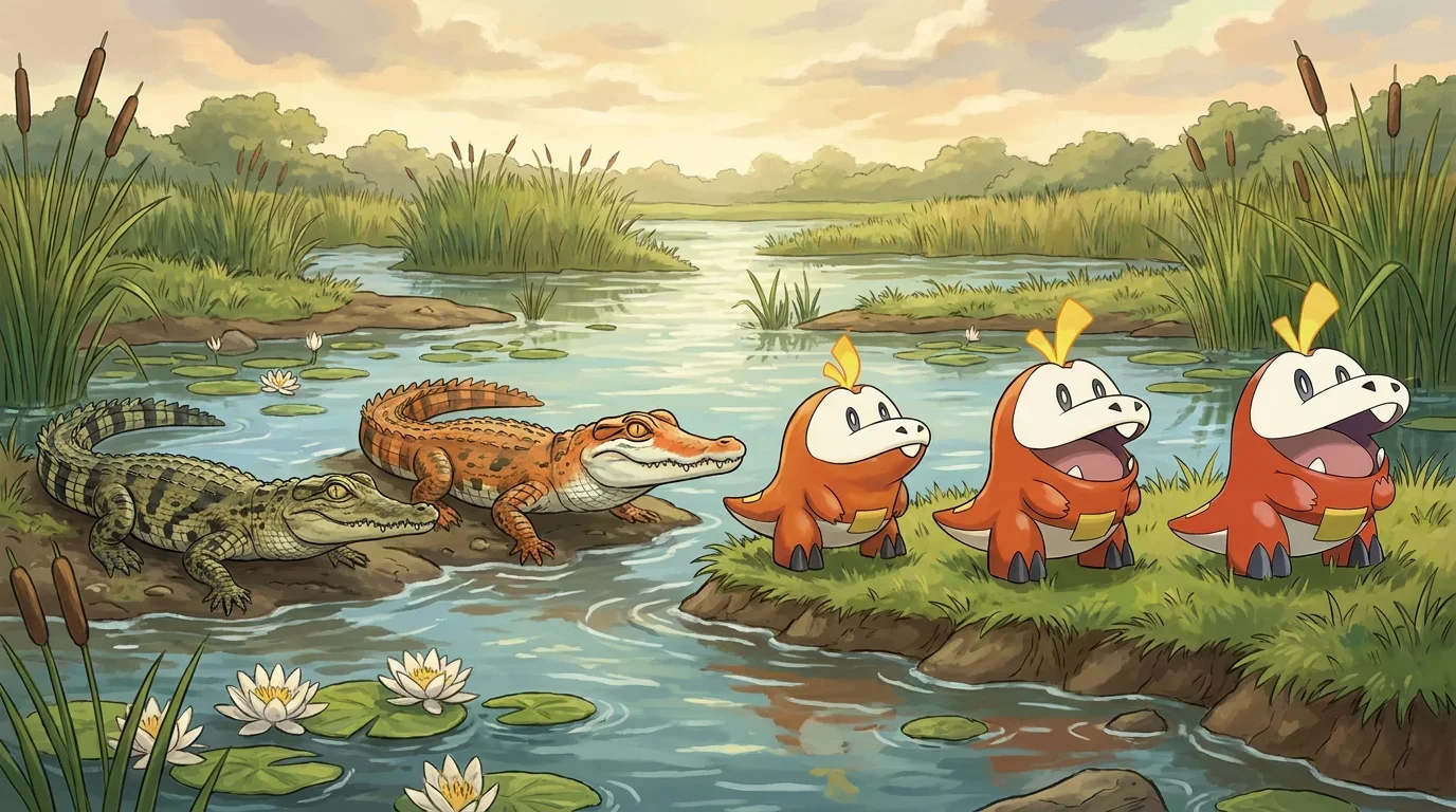 A baby crocodile turning into Fuecoco