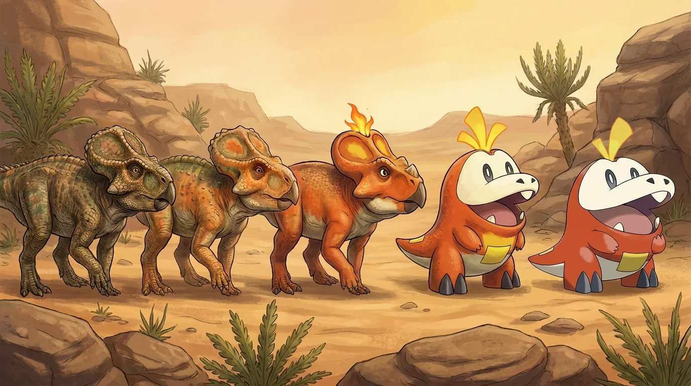 A young protoceratops turning into Fuecoco