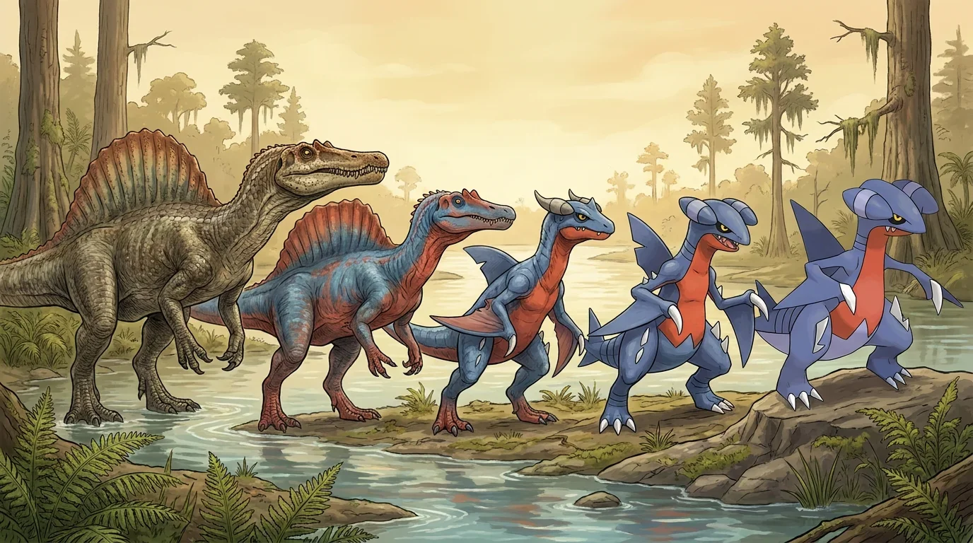 A adult spinosaurus turning into Gabite