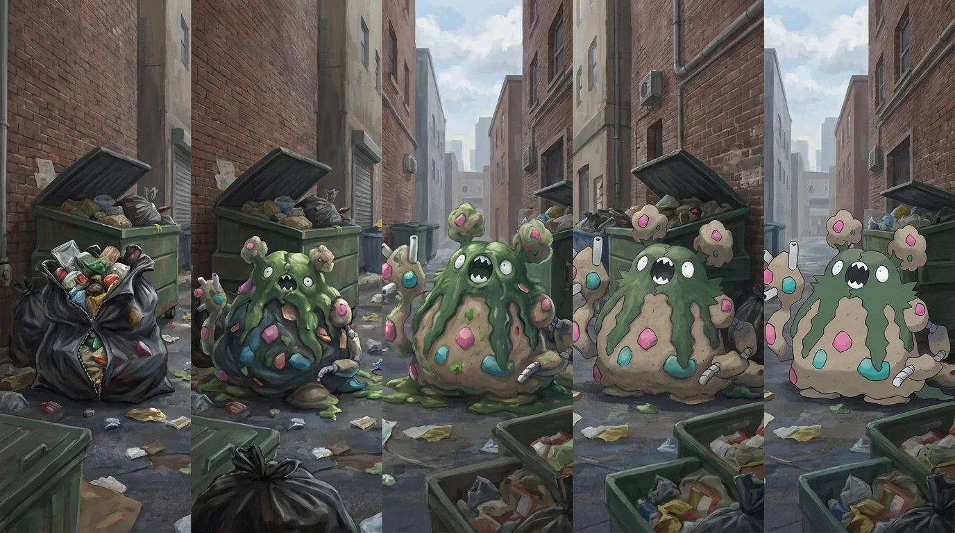 A overflowing black garbage bag turning into Garbodor