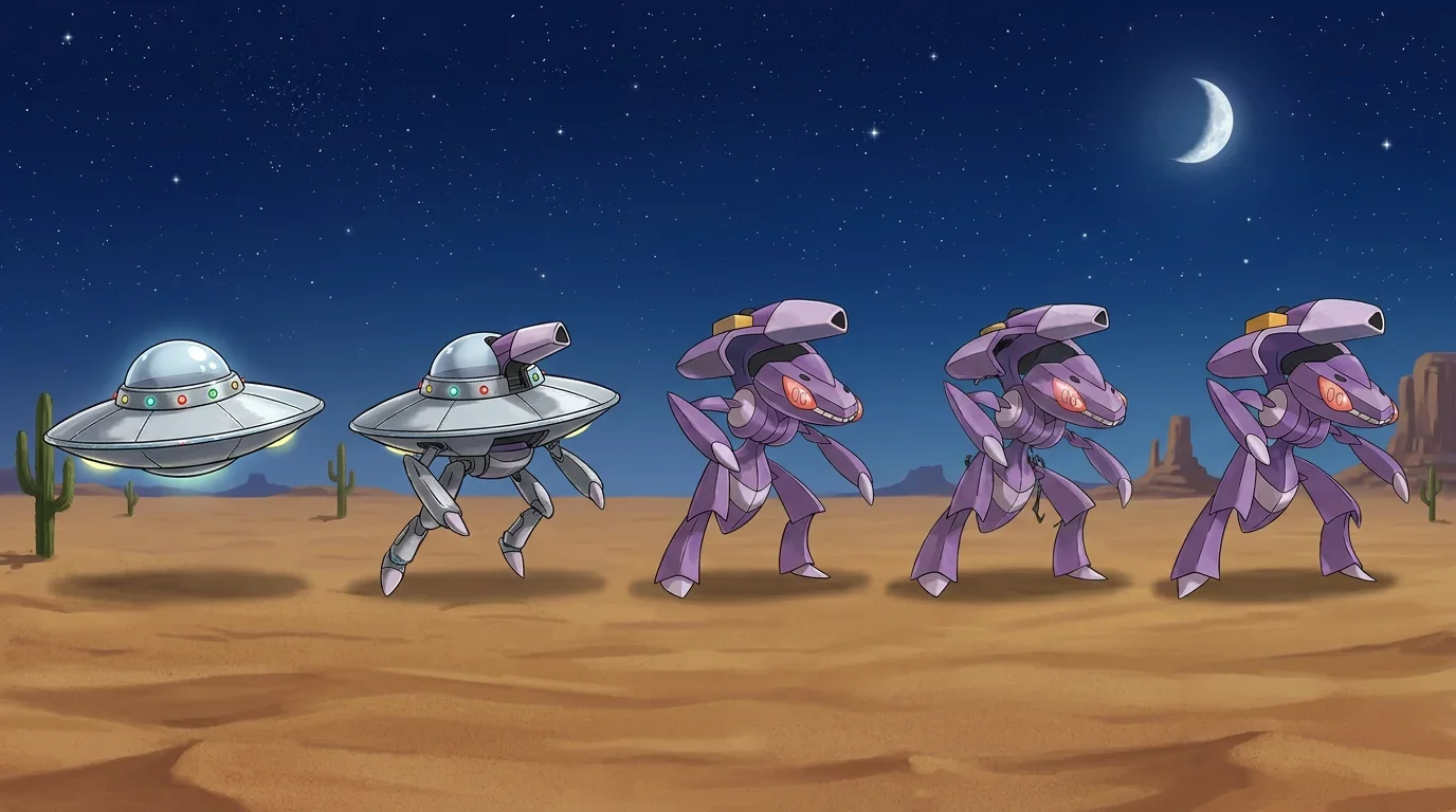 A classic 1950s flying saucer turning into Genesect
