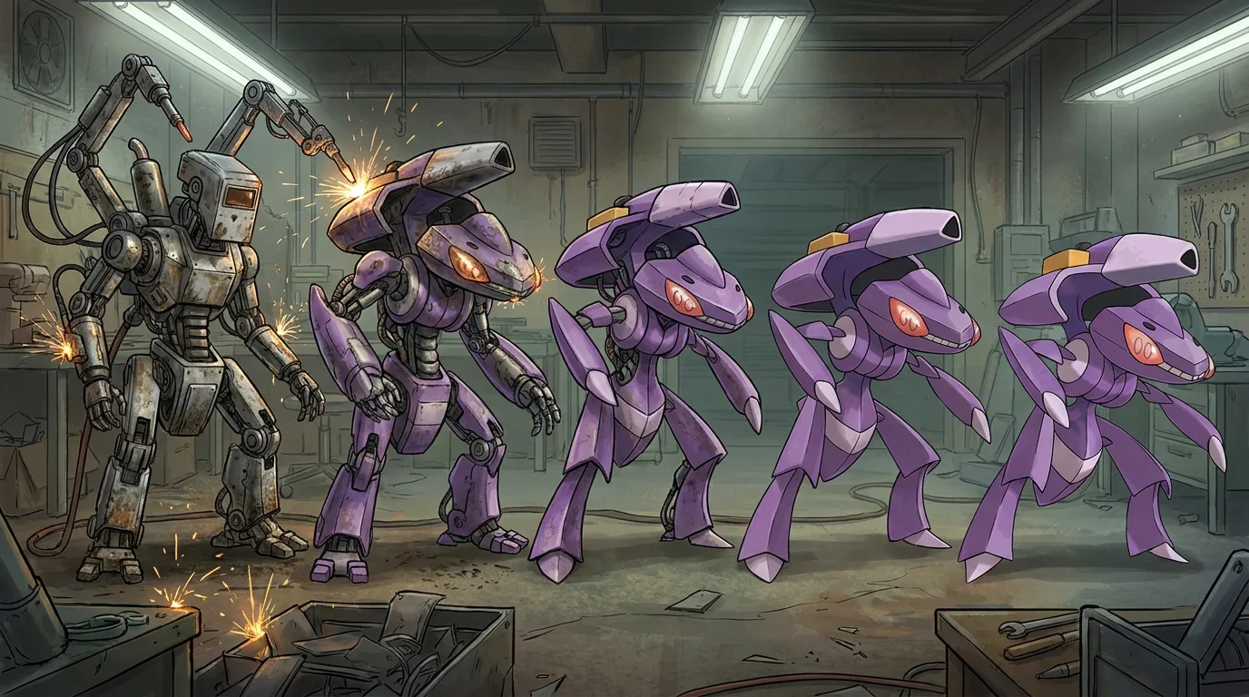 A industrial welding robot turning into Genesect