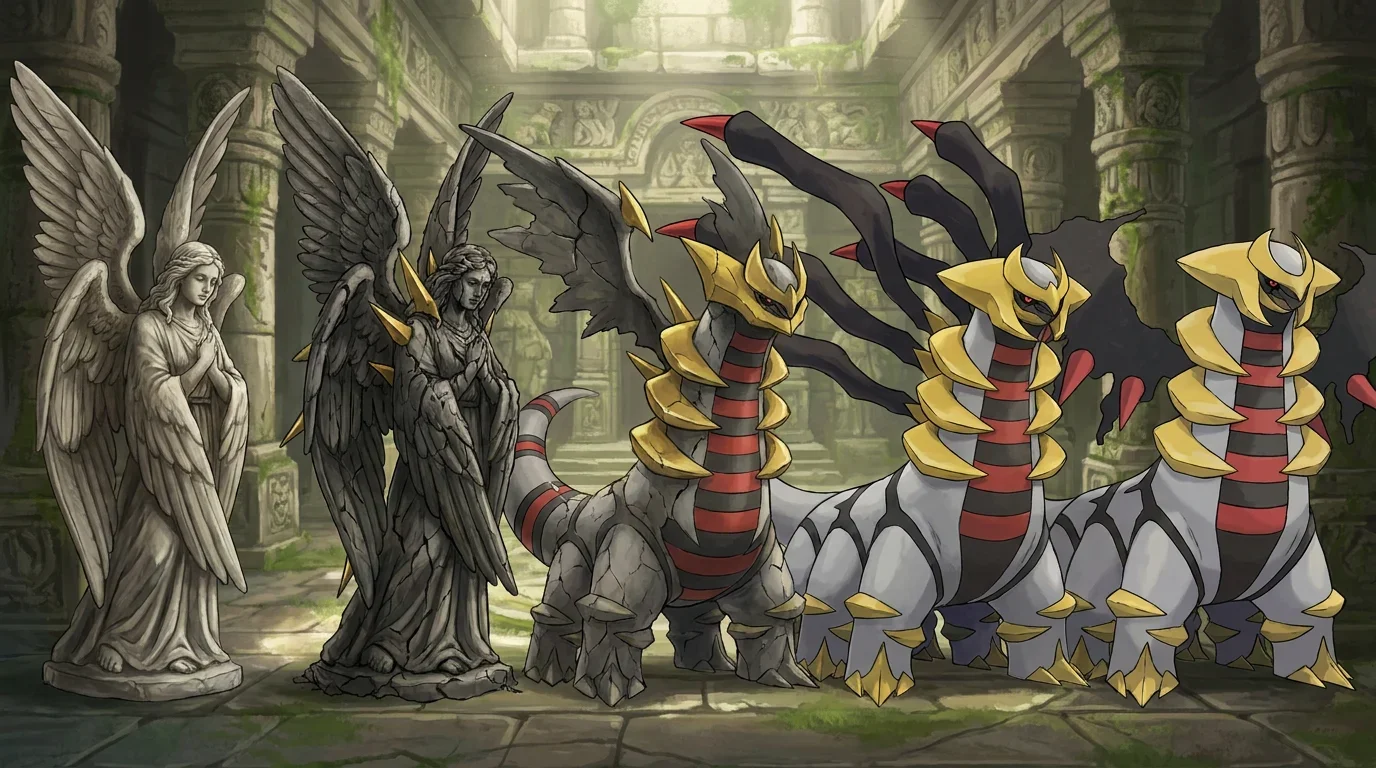A stone statue of a seraph angel turning into Giratina