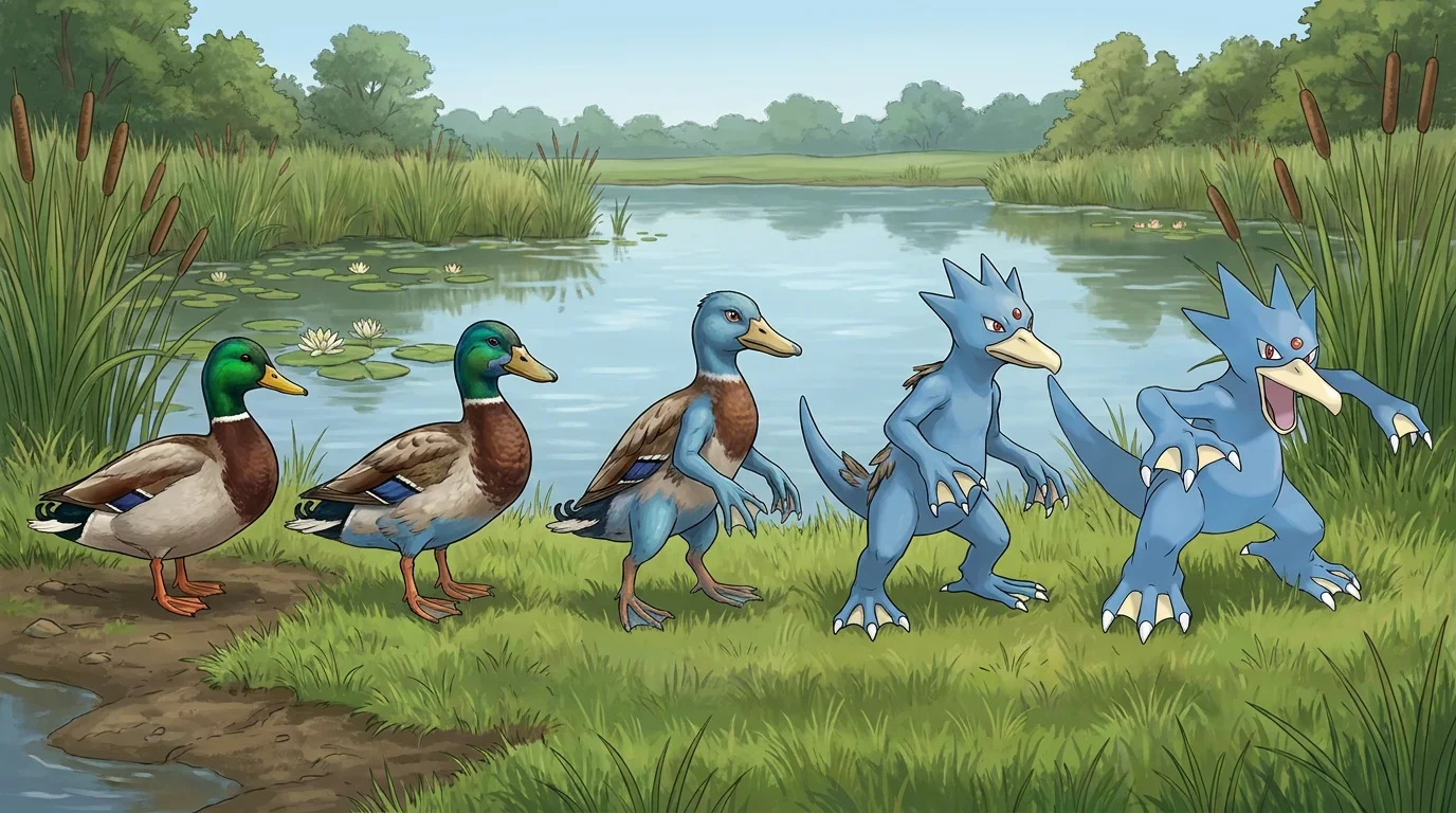 A mallard duck turning into Golduck