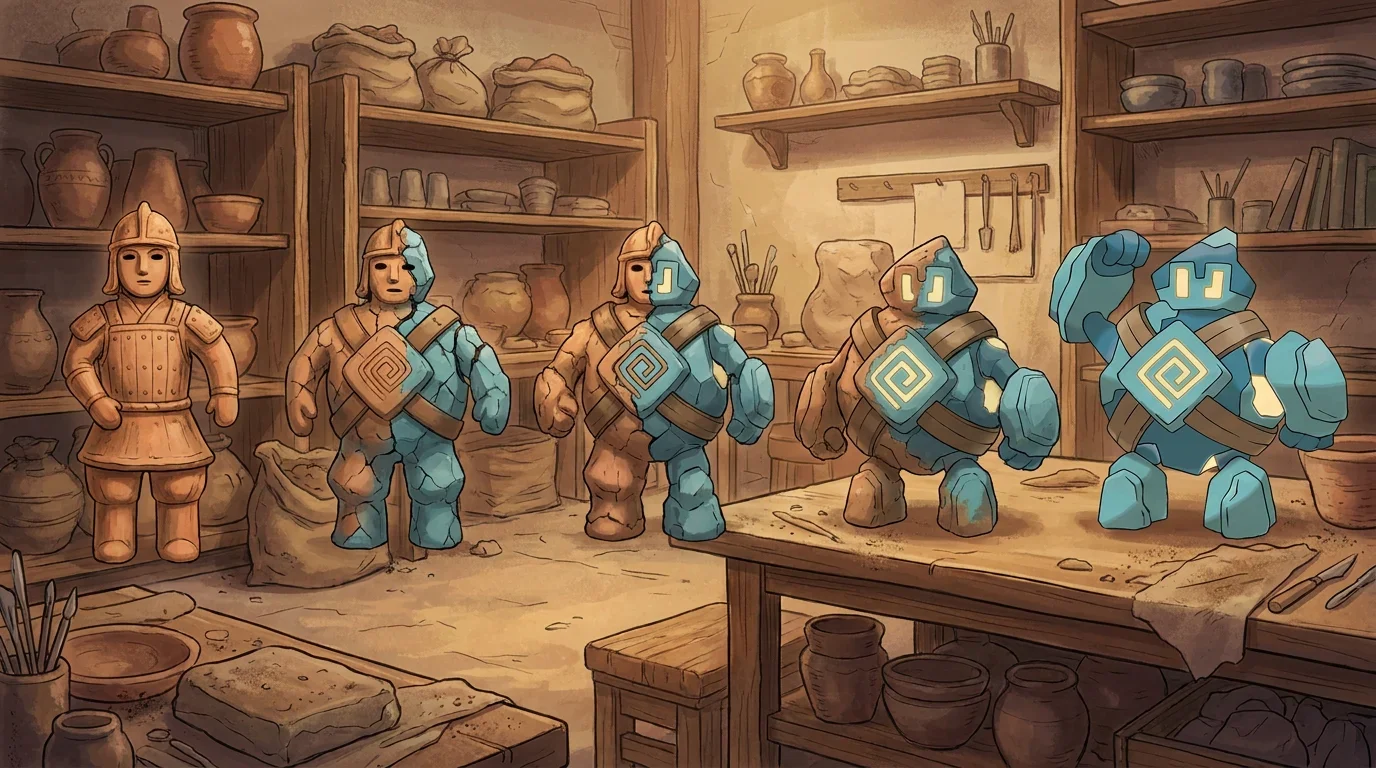 A clay haniwa figure turning into Golett