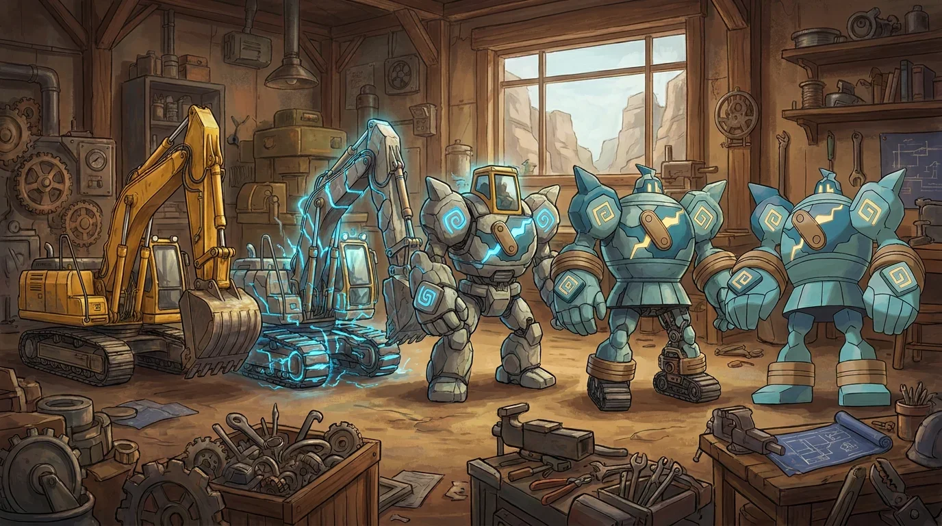 A heavy mining excavator turning into Golurk